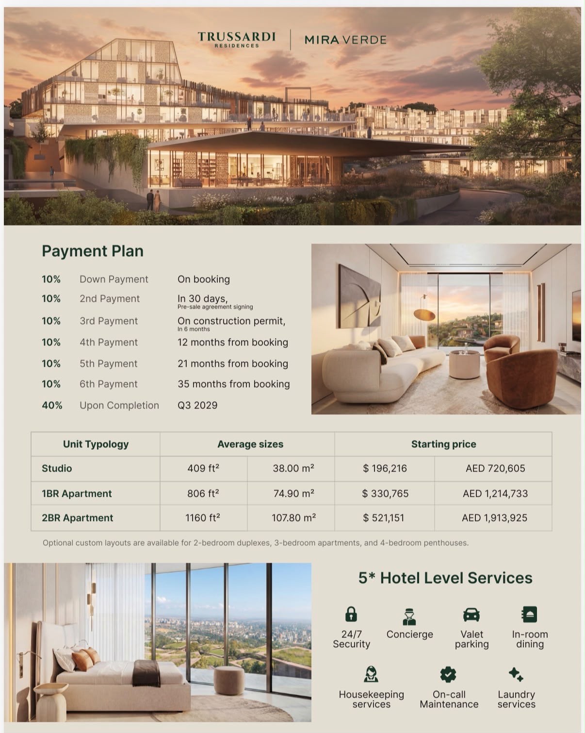 Trussardi Residences at Mira Verde — payment plan, unit typology and five-star hotel-level services fact sheet