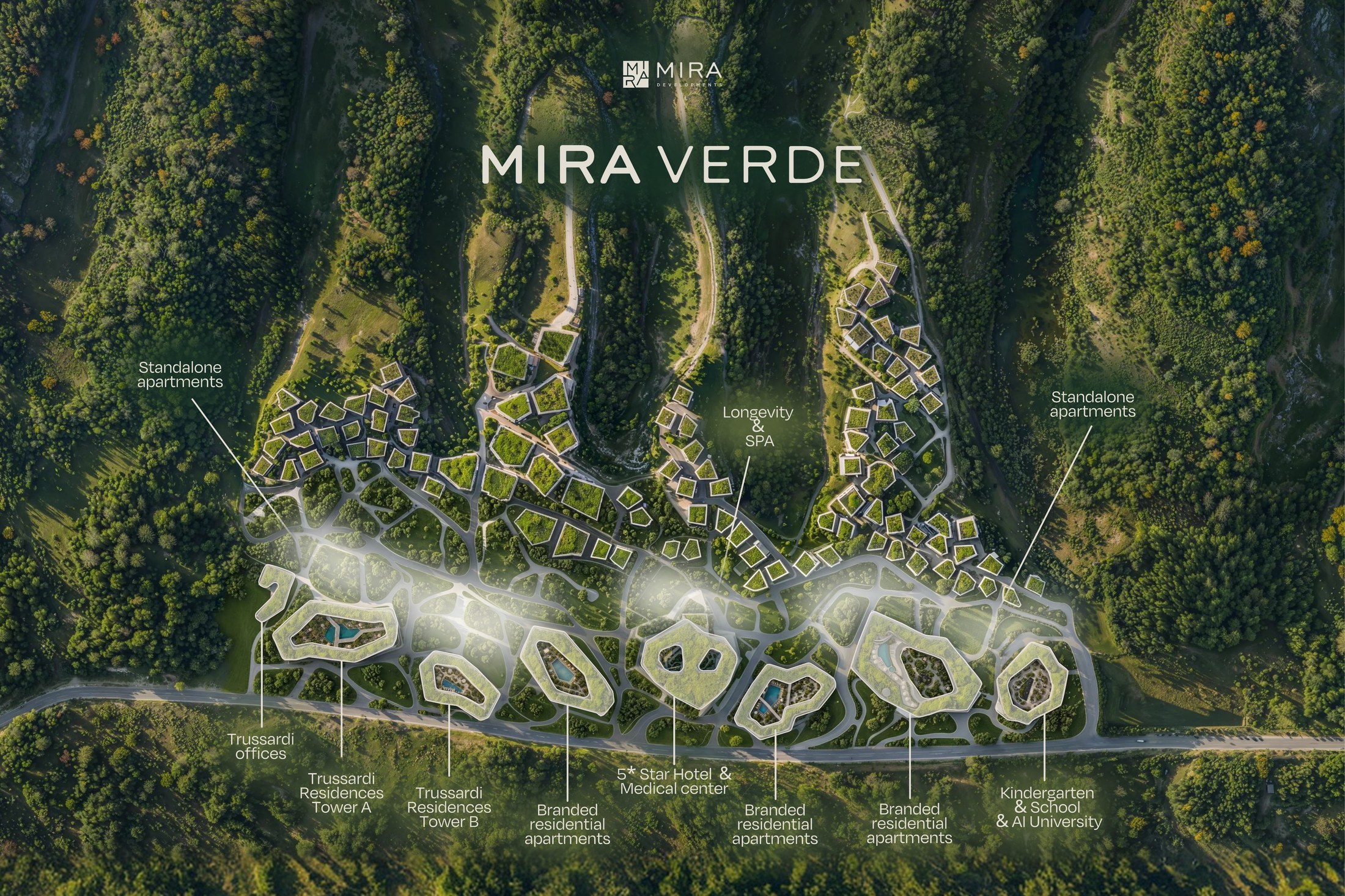 Mira Verde official master plan diagram — Trussardi Residences Towers A and B, branded apartments, five-star hotel, longevity and spa, kindergarten, school and AI university