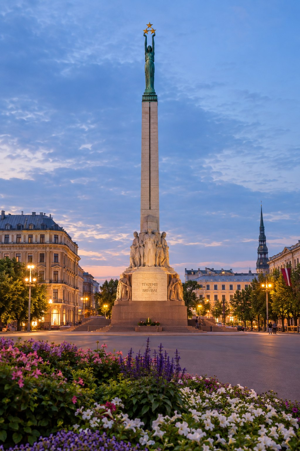 The Freedom Monument in Riga at dusk