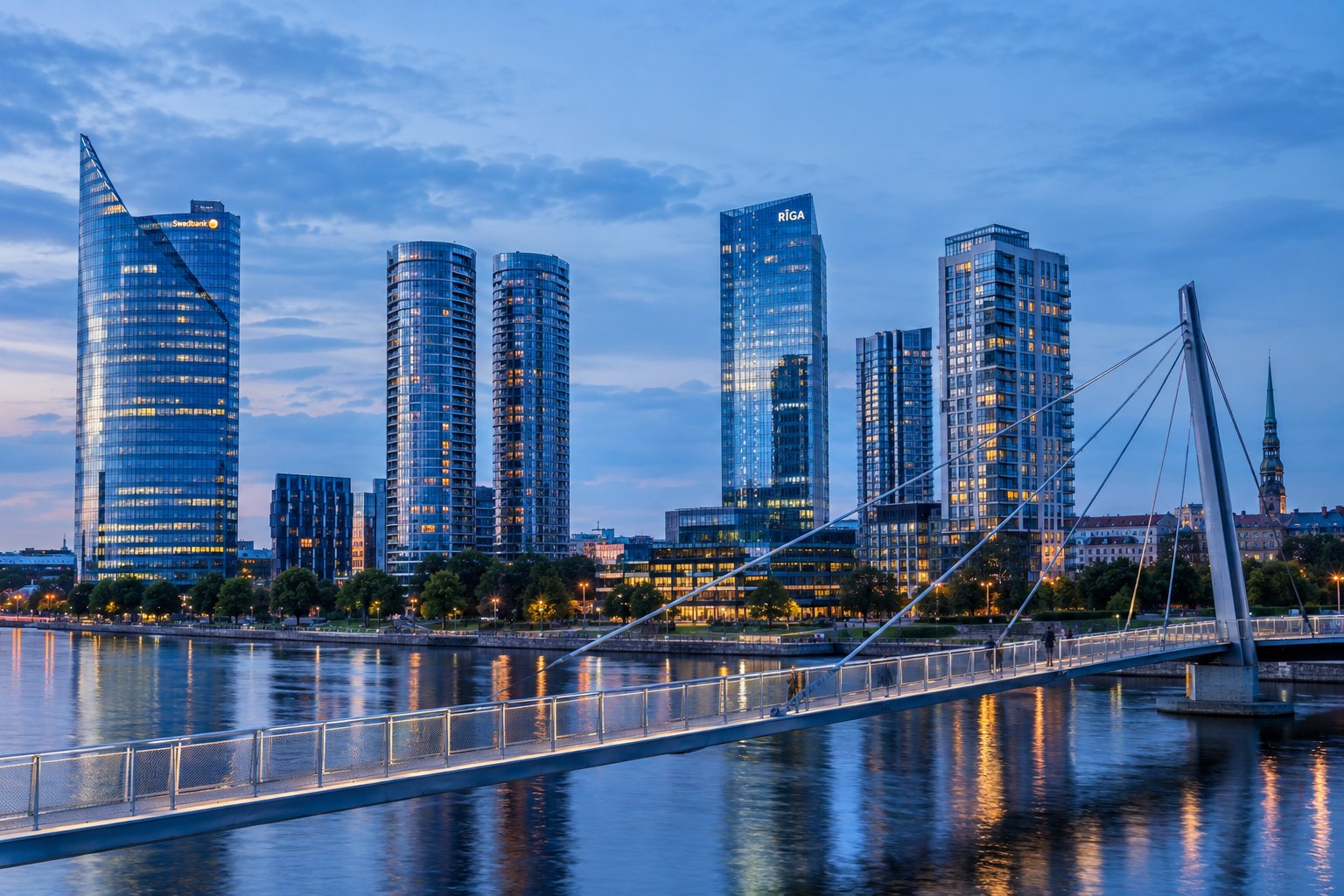 Riga's modern business district skyline at dusk