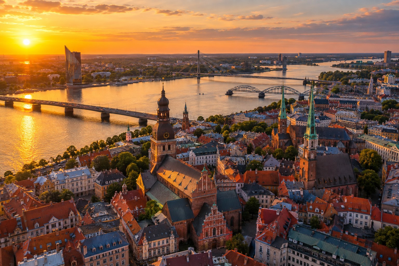 Aerial view of Riga Old Town along the Daugava river at sunset