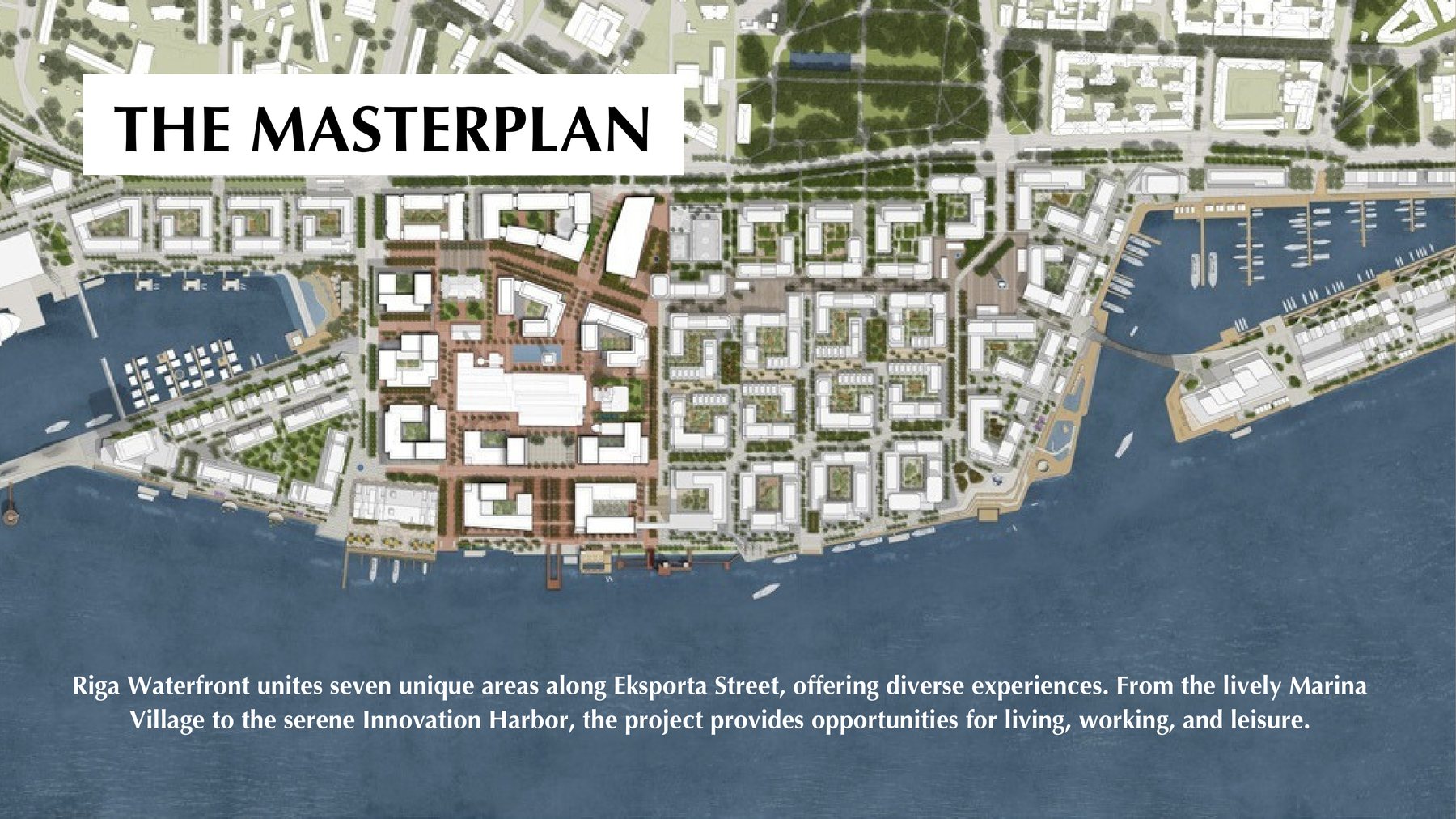 Riga Waterfront aerial masterplan along the Daugava River