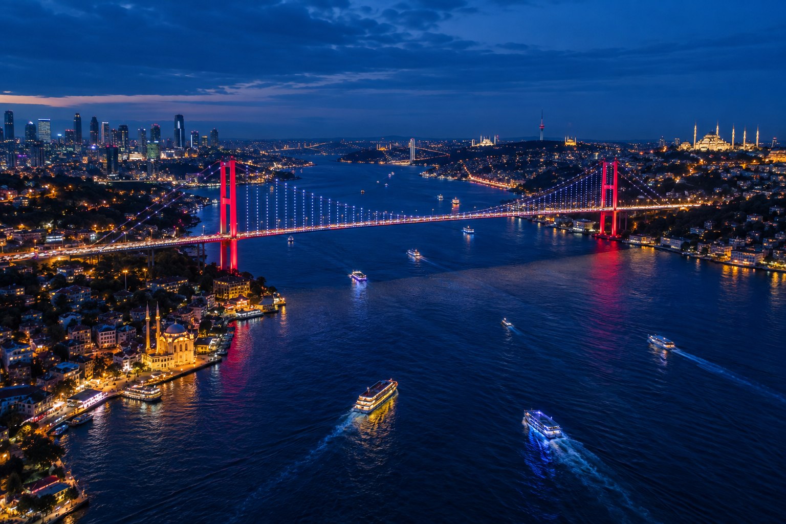 Bosphorus Bridge lit up at night, Istanbul