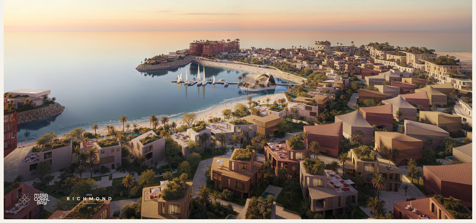 Aerial view of Mira Coral Bay branded residences and beach community